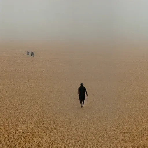 Creates a field of grass and sand like dunes, with a view to the horizon and a sandstorm is coming and a group of 4 people walking with a pomeranian dog going towards the sandstorm, Trippy