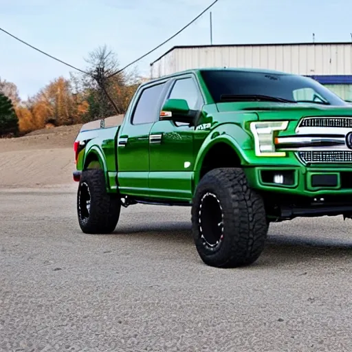 Green F150 4x4 Truck pullling a Big Truck