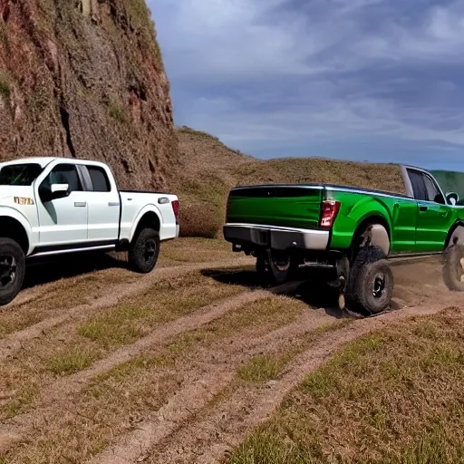 Green F150 4x4 Truck towing a Big Truck