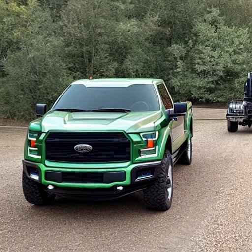 Dark Green F150 4x4 Truck towing a Big Trailer
