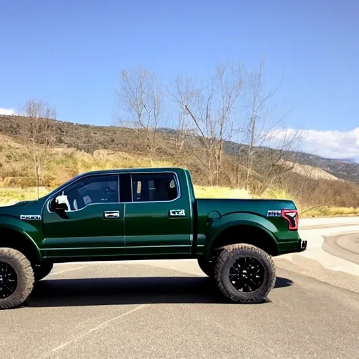 Dark Green F150 4x4 Truck towing a Big Trailer
