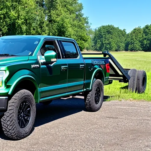 Dark Green F150 4x4 Truck towing a Big Trailer
