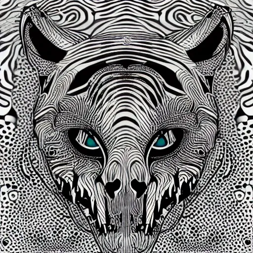 Drawing of a tiger skull head, front view, colorless skull, splash multicolor style, formed by multiple biometric lines and triangles with intertwined lines, white lines, t-shirt style, urban style, vector style on a black background,, Water Color, 3D, Cartoon, 3D, Trippy