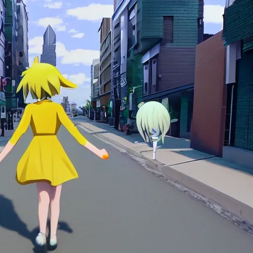 Rin Kagamine, giantess, tiny city, walking down street, 3D