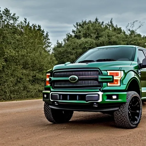 Dark Green F150 4x4 towing a Big Volkete

