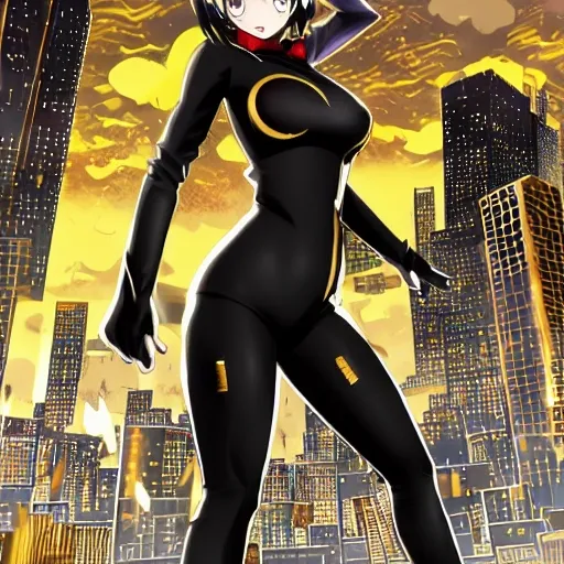 Rin Kagamine, {{{glittering red eyes}}}, black hair, {{shiny gold long sleeved leotard}}, {{shiny black metallic leggings}}, big yellow boots, gold bangles, {{{{muscular}}}}, stifled laugh, giantess, tiny cityscape, {{{{{destroyed buildings}}}}}, {dynamic pose}, dynamic angle, {{{towering over tiny city}}}, viewed from below, long legs, superhero, {{adolescent}}, tiny breasts, burning buildings, {{tiny city}}, , 3D