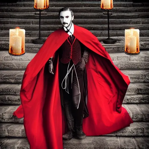bram stroker's dracula, gothic, digital art, red eyes, cape, full body, fangs, highly detailed face, descending stairs, red carpet, candles