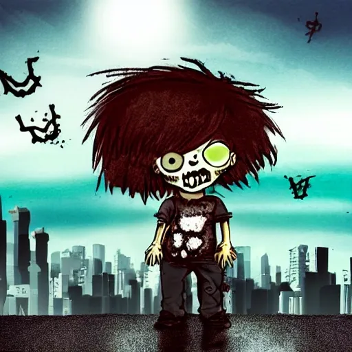 pequeño niño zombie con cabello pelirrojo y rizado, en posicion frontal , de medio cuerpo, un paisaje de fondo con una gran ciudad a lo lejos y un pequeño pueblo cercano, Cartoon