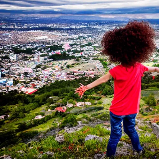 a small and thin zombie child about ten years old with freckles and bright red curly hair on top of a mountain in frontal position fullshoot image, a big city in the distance and small village nearby background, Cartoon