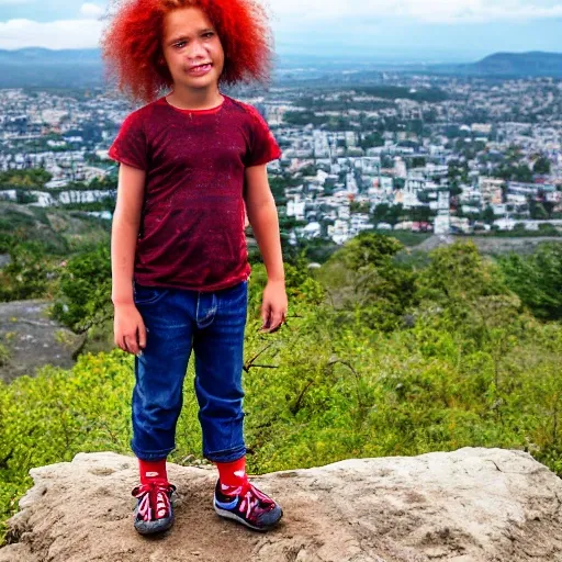 a small and thin zombie child about ten years old with freckles and bright red curly hair on top of a mountain in frontal position fullshoot image, a big city in the distance and small village nearby background, Cartoon