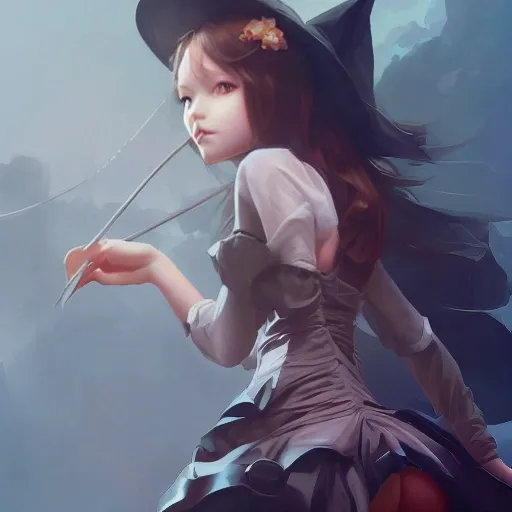 A mischievous young witch about to get up to some trouble. Elegant. Smooth. By Ruan Jia and Artgerm and Range Murata and WLOP and CLAMP. Key Art. Fantasy Illustration. award winning, Artstation, intricate details, realistic, Hyperdetailed, 8k resolution, 3D