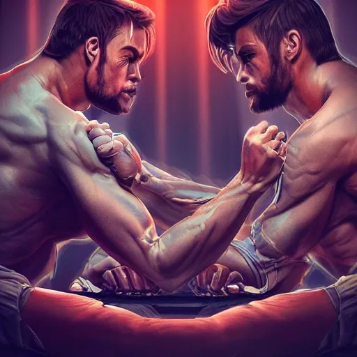 A detailed and intricate digital artwork in a cinematic style, this high-resolution portrait of a powerful human being arm-wrestling with a humanoid is a true masterpiece. The beautiful lighting and playful design make it a trend on ArtStation. A true award-winning work.