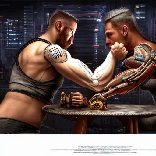 A detailed and intricate 3D digital artwork in a cinematic style, this high-resolution portrait of a powerful human being arm-wrestling with a cyberpunk humanoid