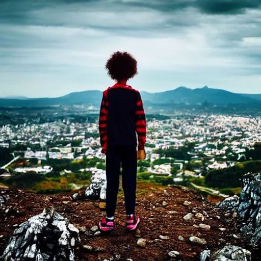 a small and thin zombie child about ten years old with freckles and bright red curly hair on top of a mountain in frontal position fullshoot image, a big city in the distance and small village nearby background, Cartoon