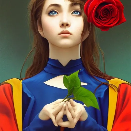 digital art, sharp focus, close - up, character portrait, a seventeen years old male!! ravenclaw wizard black, slightly wavy hair, wearing browline!! glasses!!! With a red rose in her hand!!!, In front of a large mirror, the mirror figure is revealed. In the hand of the mirror figure is a blue rose!!!,blue shiny lighting, beautiful fantasy art, film still, masterpiece, award winning, symmetry, by artgerm and hayao miyazaki, by rutkowsky, by alphonse mucha, artstation, hq, trending on artstation, Oil Painting,godfeer