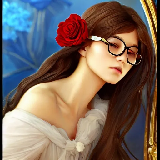 digital art, sharp focus, close - up, character portrait, a seventeen years old male!! ravenclaw wizard black, slightly wavy hair, wearing browline!! glasses!!! With a red rose in her hand!!!, In front of a large mirror, the mirror figure is revealed. In the hand of the mirror figure is a blue rose!!!,blue shiny lighting, beautiful fantasy art, film still, masterpiece, award winning, symmetry, by artgerm and hayao miyazaki, by rutkowsky, by alphonse mucha, artstation, hq, trending on artstation, Oil Painting,goodfeer!!