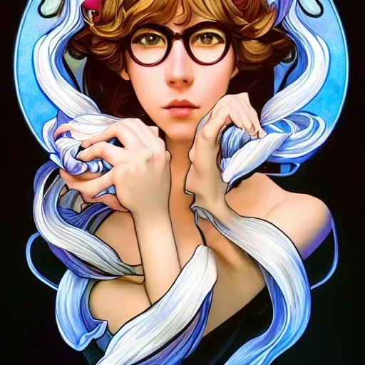 digital art, sharp focus, close - up, character portrait, a seventeen years old male!! ravenclaw wizard black, slightly wavy hair, wearing browline!! glasses!!! With a red rose in her hand!!!, In front of a large mirror, the mirror figure is revealed. In the hand of the mirror figure is a blue rose!!!,blue shiny lighting, beautiful fantasy art, film still, masterpiece, award winning, symmetry, by artgerm and hayao miyazaki, by rutkowsky, by alphonse mucha, artstation, hq, trending on artstation, Oil Painting,goodfeer!!