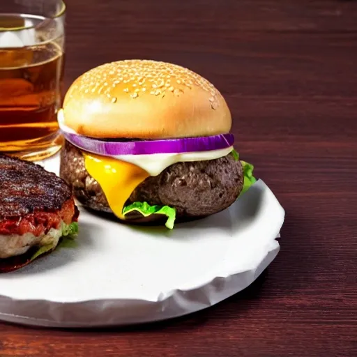 a burger, hard-boiled eggs, a baked potato, and Jack Daniel's whiskey