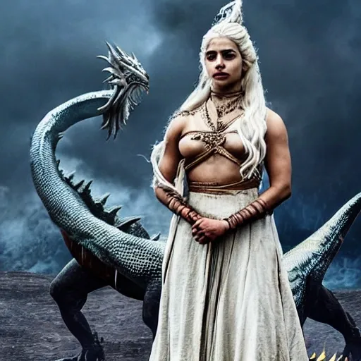 Capture a stunning SFW photograph featuring the talented actress Priyanka Chopra embodying the iconic character Daenerys Targaryen from "Game of Thrones." In this photo, Dragons Stand Behind Priyanka Chopra who is adorned in Daenerys' regal attire, complete with a flowing gown and intricate braided hairstyle. ((Adding an element of fantasy and power her dragons stand behind her breathing fire)). The lighting should be dramatic, with a hint of fire illuminating the scene, enhancing the mythical ambiance. The goal is to create a visually striking and captivating portrayal of Priyanka Chopra as Daenerys Targaryen, showcasing her beauty and strength alongside the mythical creature that symbolizes her character's power. masterpiece, SFW, five fingers 8k uhd, dslr, soft lighting, high quality, photorealistic, realism, hyperrealism, art photography, Dragons behind her, (((Perfect Face)))