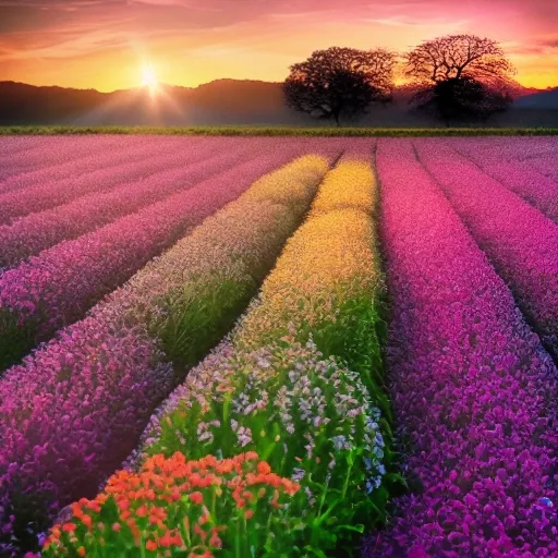 In the style of a fine-art photography, an image shows a field of flowers in the foreground with a dramatic sunset in the background. The image is perfect, with a flawless composition and stunning use of color. The lighting is warm and inviting, with a glow that creates a magical atmosphere. The image is refreshing and beautiful, capturing the essence of nature in all its glory.