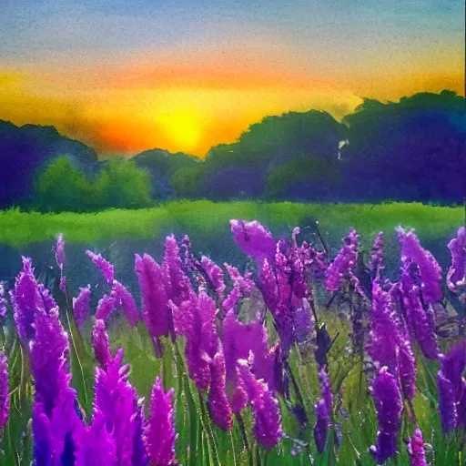 In the style of a fine-art photography, an image shows a field of flowers in the foreground with a dramatic sunset in the background. The image is perfect, with a flawless composition and stunning use of color. The lighting is warm and inviting, with a glow that creates a magical atmosphere. The image is refreshing and beautiful, capturing the essence of nature in all its glory, Water Color.