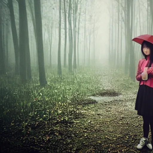 analog style, Young girl, Asian photo model, she look at the camera, face parts, face detales like eyes, lips etc, forest, intensity míst, fog, It's raining, award winning studio photography, professional color grading, soft shadows, no contrast, clean sharp focus