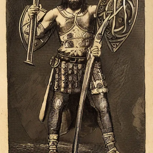 Viking, king, with an axe and a shield, with fire behind him and blood on his face, after a war, sitting on a throne.