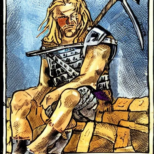  Viking, blonde hair,  blue eyes, with an axe and a shield, with fire behind him and blood on his face, after a war, sitting on a throne., Cartoon