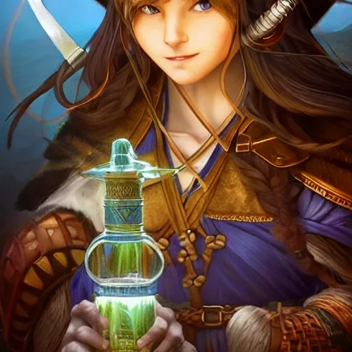 digital art, sharp focus, close - up, character portrait, a viking!!  with a potion bottle!!!, blue shiny lighting, beautiful fantasy art, film still, masterpiece, award winning, symmetry, by artgerm and hayao miyazaki, by rutkowsky, by alphonse mucha, artstation, hq, trending on artstation