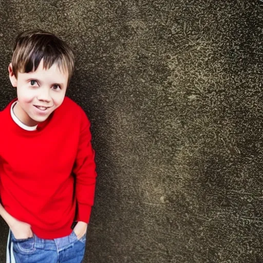 A little boy wearing a red sweatshirt, Eastern, with big eyes, aged 12-13, fair skin, short hair, and a lean physique,