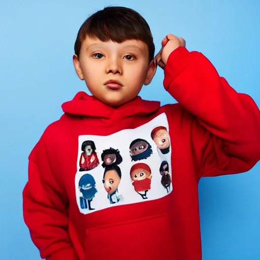 A little boy wearing a red sweatshirt, Eastern, with big eyes, aged 12-13, fair skin, short hair, and a lean physique,, Cartoon