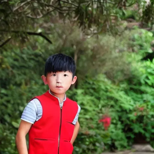 A little boy wearing a red vest, Chinese, with big eyes, aged 12-13, fair skin, short hair, and a lean physique,