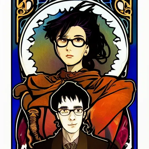 digital art, sharp focus, close - up, character portrait, a seventeen years old male!! ravenclaw wizard black, slightly wavy hair, wearing browline!! glasses!!! with a potion bottle!!!, blue shiny lighting, beautiful fantasy art, film still, masterpiece, award winning, symmetry, by artgerm and hayao miyazaki, by rutkowsky, by alphonse mucha, artstation, hq, trending on artstation, Cartoon, Trippy, Cartoon