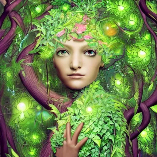 (masterpiece, top quality, best quality, official art, beautiful and aesthetic:1.2), (1girl), tree girl, hair made of vines, (perfect face), (night:1.3), extremely detailed, (fractal art:1.2), ((ultra realistic details)), highest detailed, shadows, intricate, facing camera, (short curly green hair), dress made of vines, glowing eyes, wooden body, wooden limbs, branches, roots, vines, spriggan, forest creature, leaves, forest, full body, green skin, person made of plants, colorful, goddess, ((fireflies))