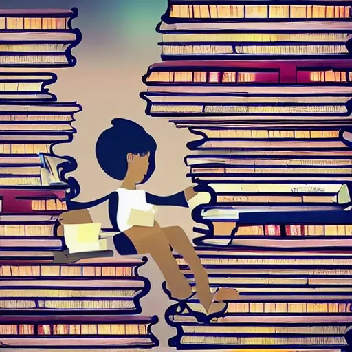 Imagine yourself diving into an ocean of knowledge, surrounded by stacks of books from different genres. Create an image that conveys the feeling of intellectual exploration and diverse learning