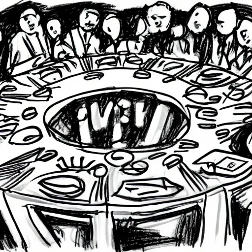 Visualize a round table with people of different ages, backgrounds, and cultures engaged in a lively discussion. Create an image that represents the diversity of perspectives and the richness of meaningful dialogue., Pencil Sketch