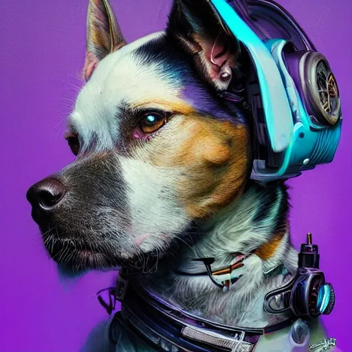 a beautiful portrait of a cute cyberpunk dog by sandra chevrier and greg rutkowski and wlop, purple blue color scheme, high key lighting, volumetric light, digital art, highly detailed, fine detail, intricate, ornate, complex, octane render, unreal engine, photorealistic , sci-fi