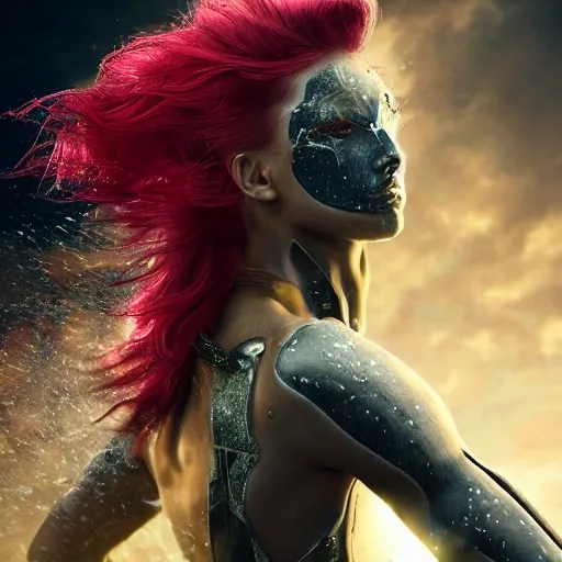 In the midst of a war-torn landscape, a slender warrior from the future emerges. Her lithe figure cuts through the chaos, adorned in sleek, high-tech armor designed for agility and stealth. Vibrant hues of colored hair cascade down her back, defying the bleakness of the battlefield. With determined eyes and a resolute expression, she fearlessly maneuvers through the mayhem, embodying a rare blend of grace and strength. Amidst the relentless onslaught, her presence stands out, a beacon of resilience amidst the destruction. In this war-ravaged world, this futuristic warrior represents both hope and defiance, defying the odds with her vibrant spirit and unwavering resolve.