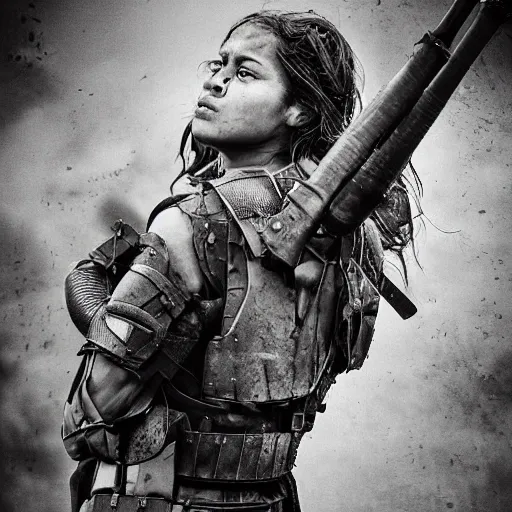 Amidst the chaos of war, a brave warrior stands out. With determination and courage, she wears sturdy armor that protects her body from the perils of the battlefield. Her fierce gaze reflects her unwavering resolve as she skillfully fires her weapon with precision. Despite the surrounding adversity, her steadfast posture showcases her bravery and determination to protect what she holds dear. This warrior embodies strength and a fighting spirit amidst the turmoil of war, becoming an inspiring symbol for those around her.