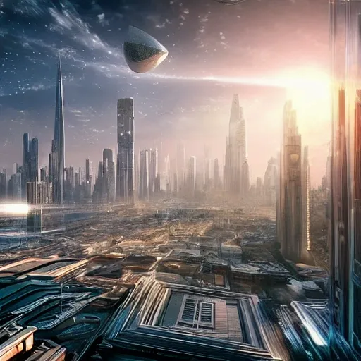 An awe-inspiring digital image of a futuristic cityscape that showcases the advanced design and technology of an alien civilization, with a style that is highly detailed, cinematic, and trending on Artstation. The city should be dominated by towering buildings, each with a unique shape and shimmering facade made of innovative materials. The lighting should be dynamic, with vivid hues of blue and purple electrifying the cityscape, and the holographic fountains should be floating in mid-air, surrounded by lush gardens and futuristic sculptures. The background should be a smooth expanse of space, with stars and planets twinkling in the distance, creating a breathtaking contrast between the organic beauty of the city and the infinite expanse of space. The resulting digital image should be epic, exciting, and capture a moody and celestial atmosphere, with soft lighting and the use of HDRI for maximum realism. The image should showcase the highest level of professionalism, with the use of industry-leading equipment such as 35mm, Zeiss, Hasselblad, Fujifilm, Arriflex, IMAX, and be available in resolutions up to 8k. The image should be hyper-realistic, featuring a lens flare, and resembling a matte painting or concept art, with a soft render and highly detailed architectural features, all while maintaining the quality and standards of leading CGSociety and Octane Render. Overall, the resulting image should be an exemplary piece of digital art, highly detailed, inspiring, and worthy of being featured in a magazine or as a high-quality wallpaper., Trippy