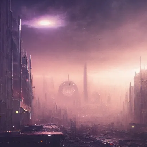 Dark themed Authentic illustration of a city on space colony ,Magnificent wide angle, high quality, city landscape, Rule of Thirds, fibonacci, 4K, Retrofuturism, thomas kinkade, greg rutkowski, Dynamic Lighting, Surrealist, Fantasy, Trippy