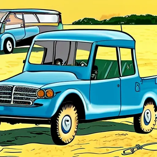 Pintura humorística de un automóvil Citroen Mehari vintage, con una familia de turistas dentro. El coche está en una playa de Menorca. El verano. Cartoon