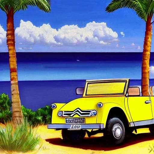 Humorous painting of a vintage Citroen Mehari car, it is a yellow convertible car, with a family of tourists inside. The car is on a beach in Menorca. Summer. Cartoon