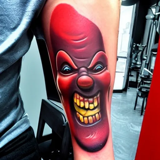 Diseño de tatuaje para brazo con un payaso diabólico realista en 3D, 