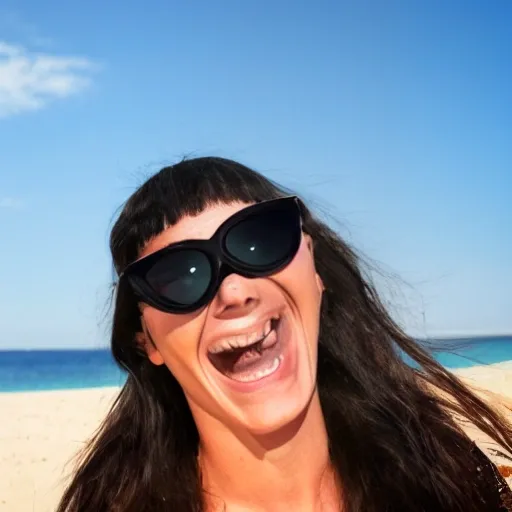 humorous image of a black lizard from Menorca. He is wearing sunglasses and is smiling. It is on a beach and you can see the sea. She is happy.