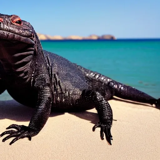 humorous image of a black lizard from Menorca. He is wearing sunglasses and is smiling. It is on a beach and you can see the sea. She is happy.