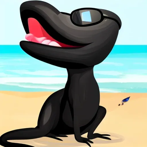 humorous image of a black lizard from Menorca. He is wearing sunglasses and is smiling. It is on a beach and you can see the sea. She is happy., Cartoon