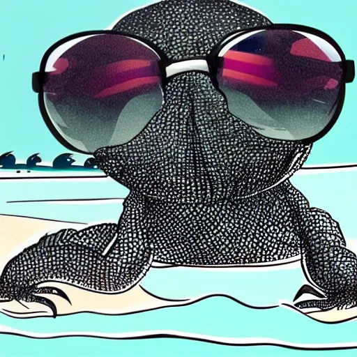 humorous image of a black lizard from Menorca. He is wearing sunglasses and is smiling. It is on a beach and you can see the sea. She is happy., Cartoon