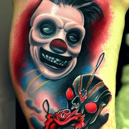 Diseño de tatuaje para brazo izquierdo posición mirando afuera con un payaso diabólico realista, en colores negros, rojos y amarillos, 3D