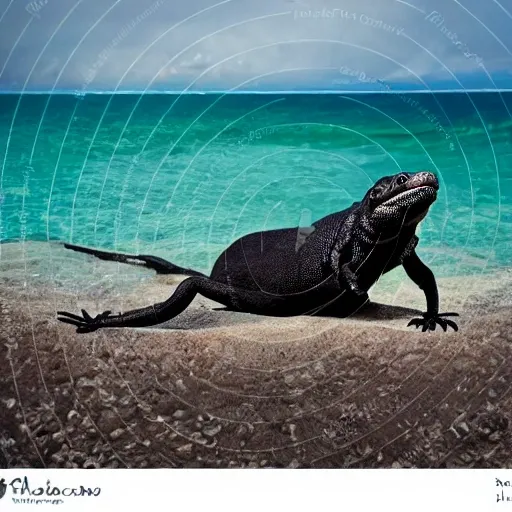 humorous image of a black lizard from Menorca. He is wearing sunglasses and is smiling. It is on a beach and you can see the sea. She is happy., Cartoon